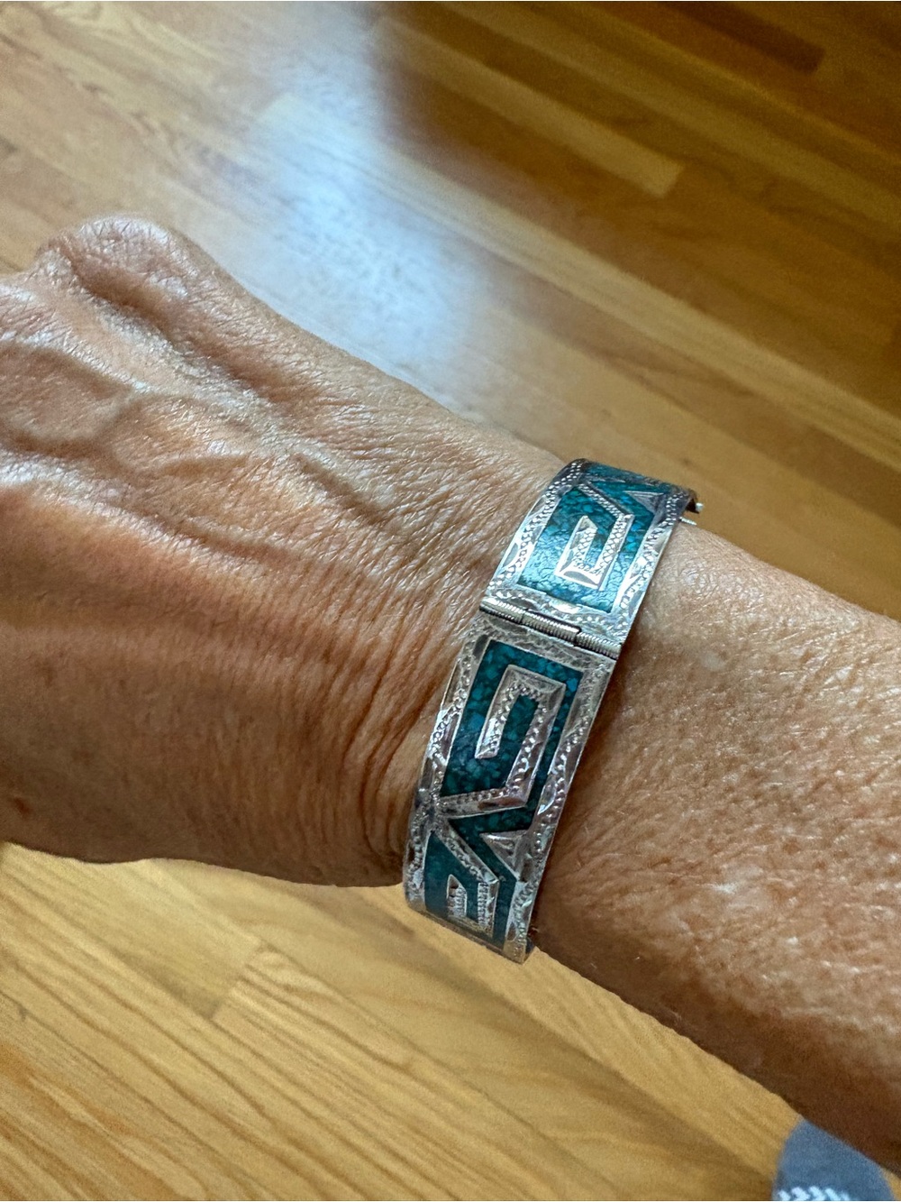 Early Taxco Silver Bracelet with Teal Inlay Geometric Design